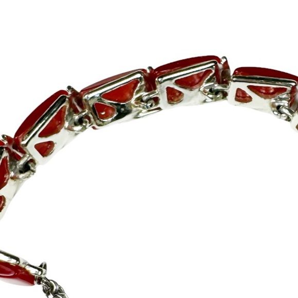 Red Thermoset Lucite and Silver Tone Linked Choker Necklace - Picture 7 of 12